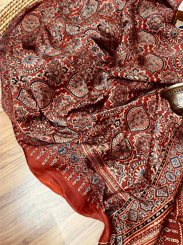 Zynah Pure Modal Silk Ajrakh Saree with Tissue Pallu & Handblock Prints; Custom Stitched/Ready-made Blouse, Fall, Petticoat; Shipping available USA, Worldwide