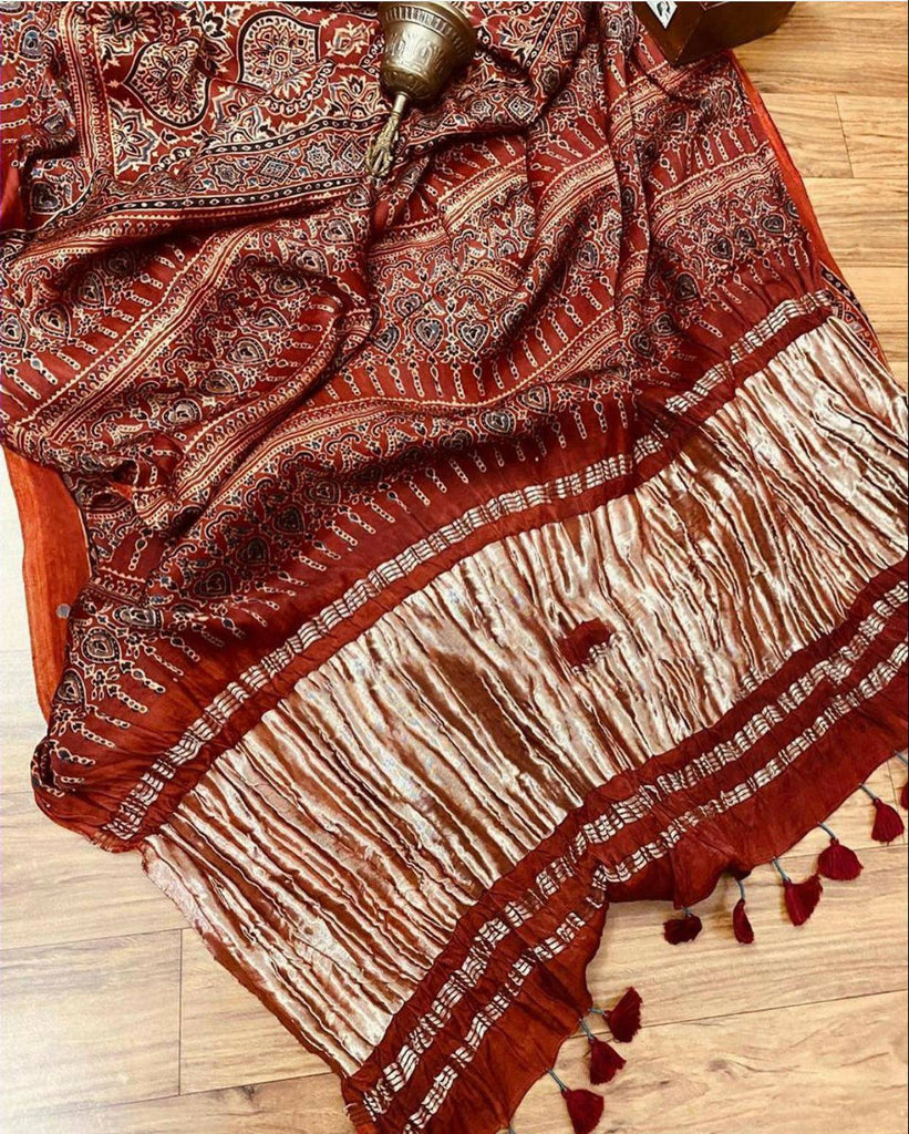 Zynah Pure Modal Silk Ajrakh Saree with Tissue Pallu & Handblock Prints; Custom Stitched/Ready-made Blouse, Fall, Petticoat; Shipping available USA, Worldwide