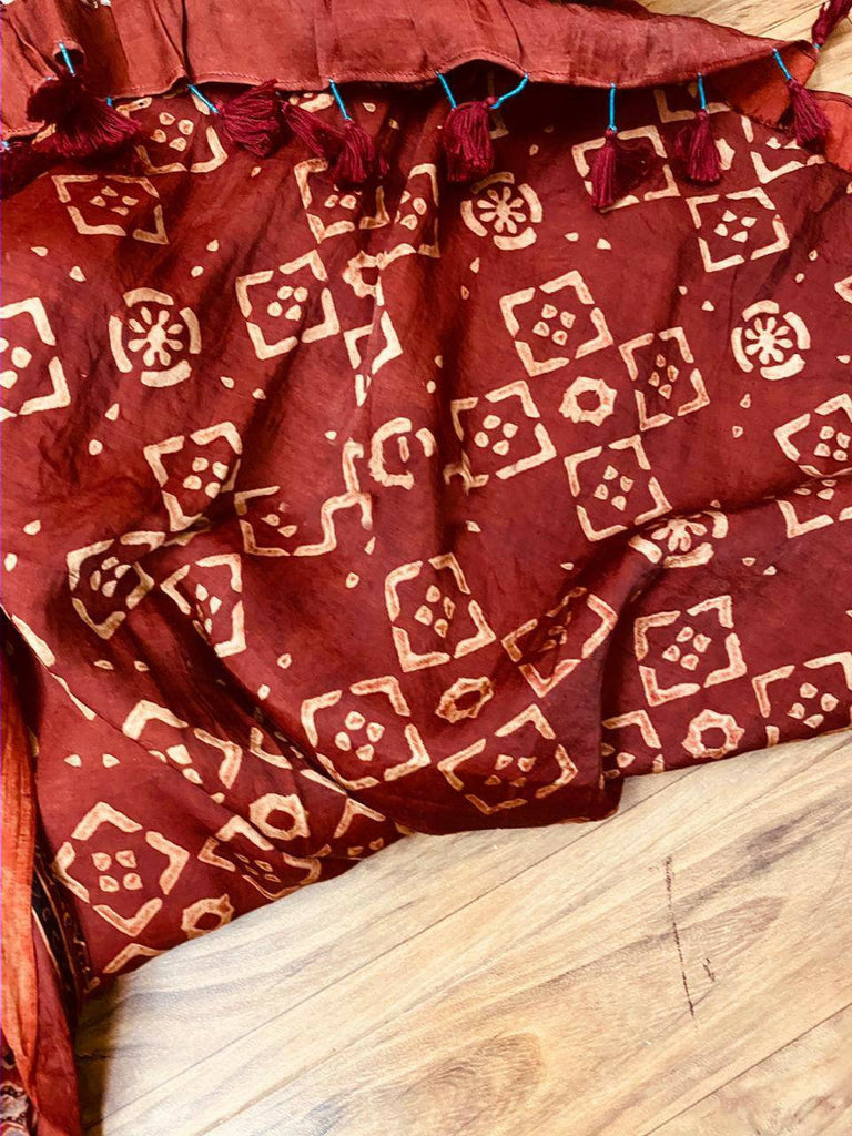 Zynah Pure Modal Silk Ajrakh Saree with Tissue Pallu & Handblock Prints; Custom Stitched/Ready-made Blouse, Fall, Petticoat; Shipping available USA, Worldwide