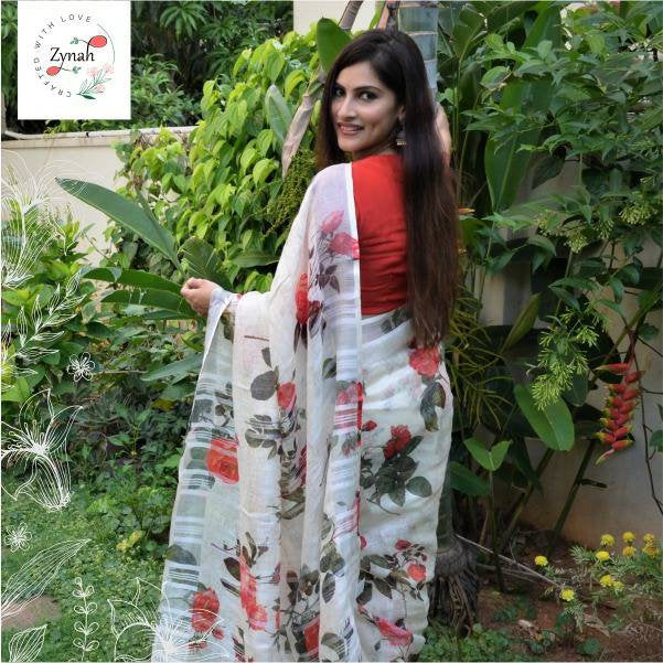 Zynah Digital Printed Organic Lab Tested 120 Count pure 'Linen by Linen' Handcrafted Saree; Custom Stitched/Ready-made Blouse, Fall, Petticoat; Shipping available USA, Worldwide