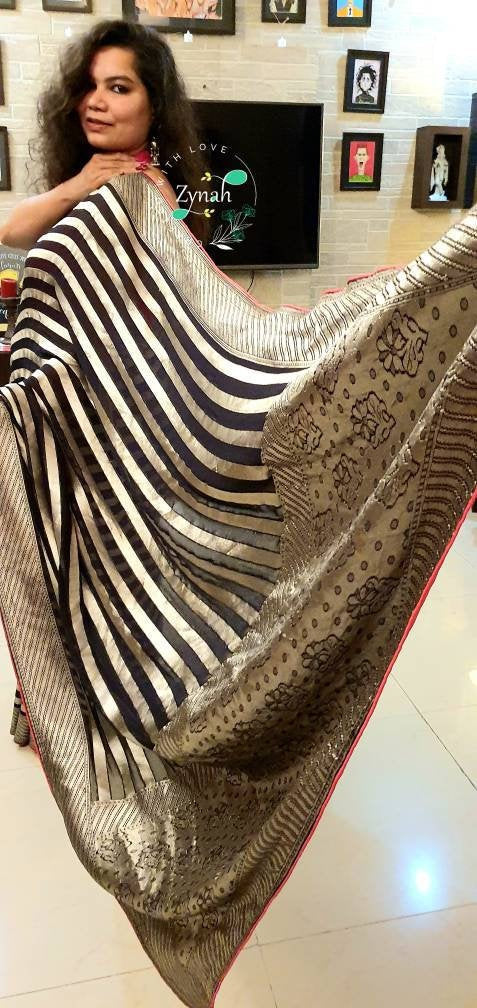Zynah Pure Khaddi Georgette Banarasi Woven Saree with Zari Border & Butis; Custom Stitched/Ready-made Blouse, Fall, Petticoat; Shipping available USA, Worldwide