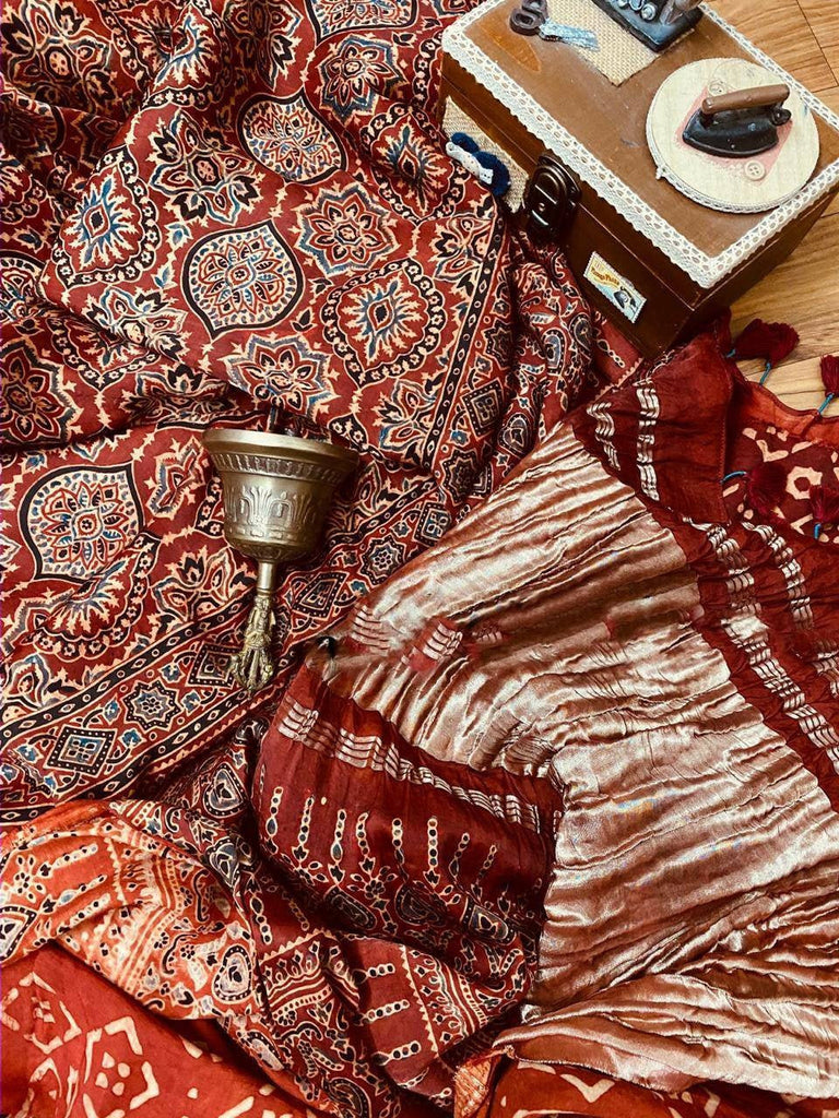 Zynah Pure Modal Silk Ajrakh Saree with Tissue Pallu & Handblock Prints; Custom Stitched/Ready-made Blouse, Fall, Petticoat; Shipping available USA, Worldwide