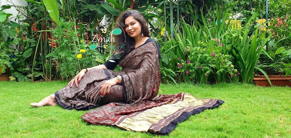 Zynah Pure Modal Silk Ajrakh Saree with Tissue Zari Pallu & Handblock Prints; Custom Stitched/Ready-made Blouse, Fall, Petticoat; Shipping available USA, Worldwide