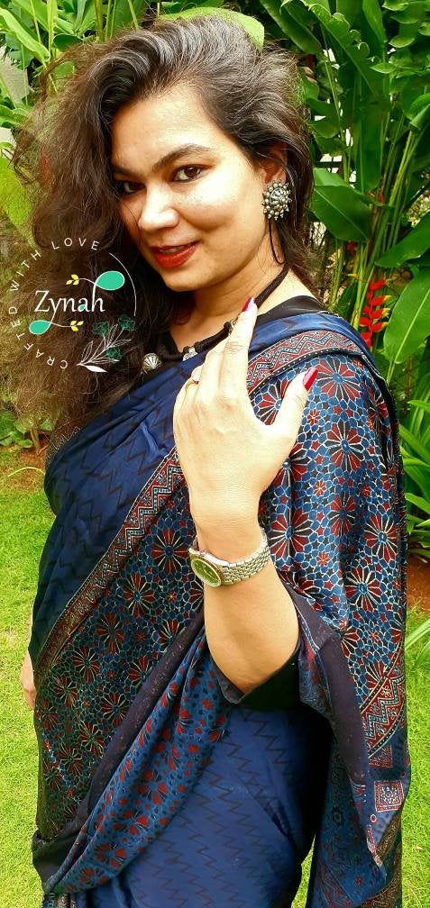 Zynah Pure Modal Silk Ajrakh Saree with Handblock Prints; Custom Stitched/Ready-made Blouse, Fall, Petticoat; Shipping available USA, Worldwide