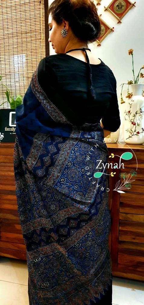 Zynah Pure Modal Silk Ajrakh Saree with Handblock Prints; Custom Stitched/Ready-made Blouse, Fall, Petticoat; Shipping available USA, Worldwide