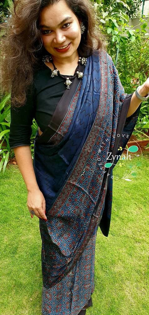 Zynah Pure Modal Silk Ajrakh Saree with Handblock Prints; Custom Stitched/Ready-made Blouse, Fall, Petticoat; Shipping available USA, Worldwide