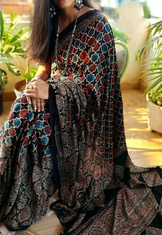 Zynah Pure Modal Silk Ajrakh Saree with Handblock Prints; Custom Stitched/Ready-made Blouse, Fall, Petticoat; Shipping available USA, Worldwide