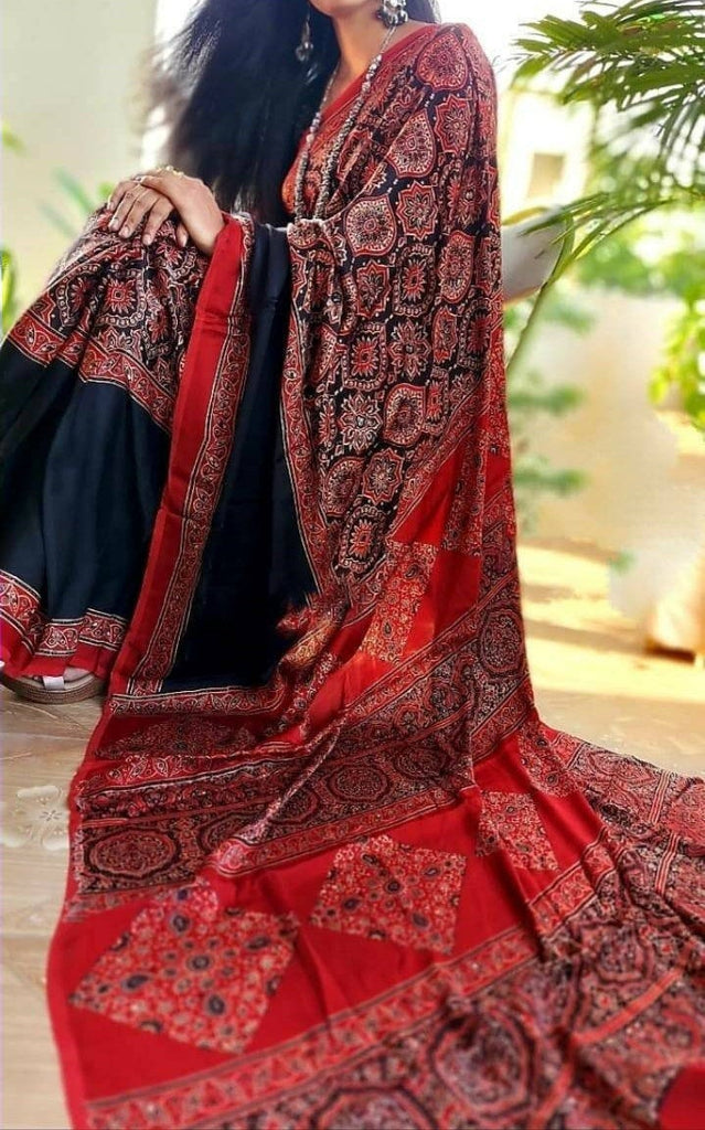 Zynah Pure Modal Silk Ajrakh Saree with Handblock Prints; Custom Stitched/Ready-made Blouse, Fall, Petticoat; Shipping available USA, Worldwide