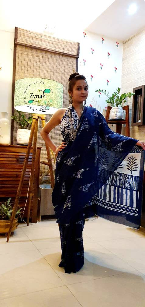 Zynah Pure Mal Cotton Handblock printed Indigo Sarees; Custom Stitched/Ready-made Blouse, Fall, Petticoat; Shipping available USA, Worldwide