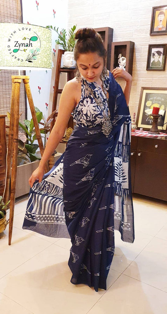 Zynah Pure Mal Cotton Handblock printed Indigo Sarees; Custom Stitched/Ready-made Blouse, Fall, Petticoat; Shipping available USA, Worldwide