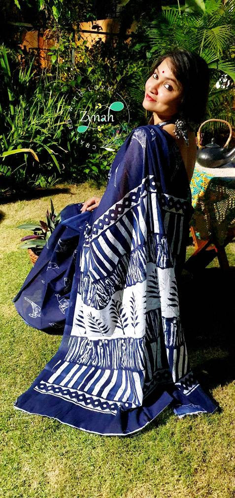 Zynah Pure Mal Cotton Handblock printed Indigo Sarees; Custom Stitched/Ready-made Blouse, Fall, Petticoat; Shipping available USA, Worldwide