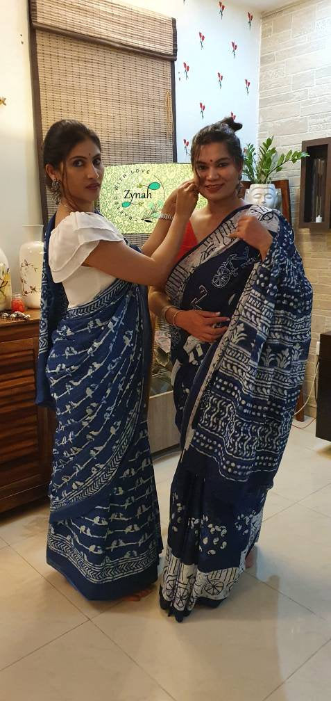 Zynah Pure Mal Cotton Handblock printed Indigo Sarees; Custom Stitched/Ready-made Blouse, Fall, Petticoat; Shipping available USA, Worldwide