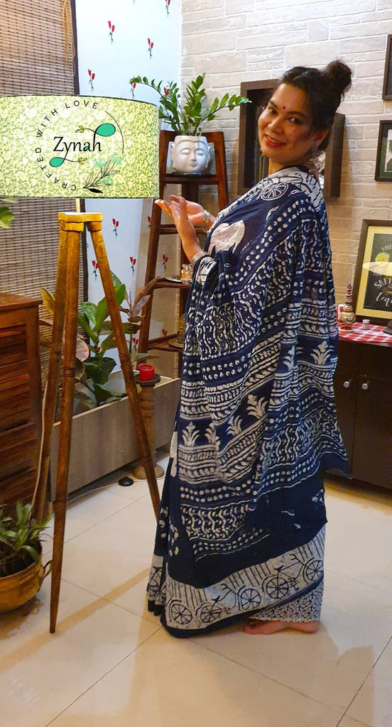 Zynah Pure Mal Cotton Handblock printed Indigo Sarees; Custom Stitched/Ready-made Blouse, Fall, Petticoat; Shipping available USA, Worldwide
