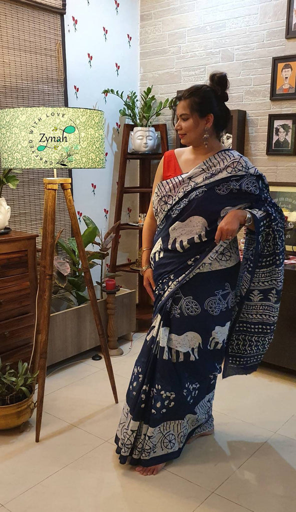 Zynah Pure Mal Cotton Handblock printed Indigo Sarees; Custom Stitched/Ready-made Blouse, Fall, Petticoat; Shipping available USA, Worldwide