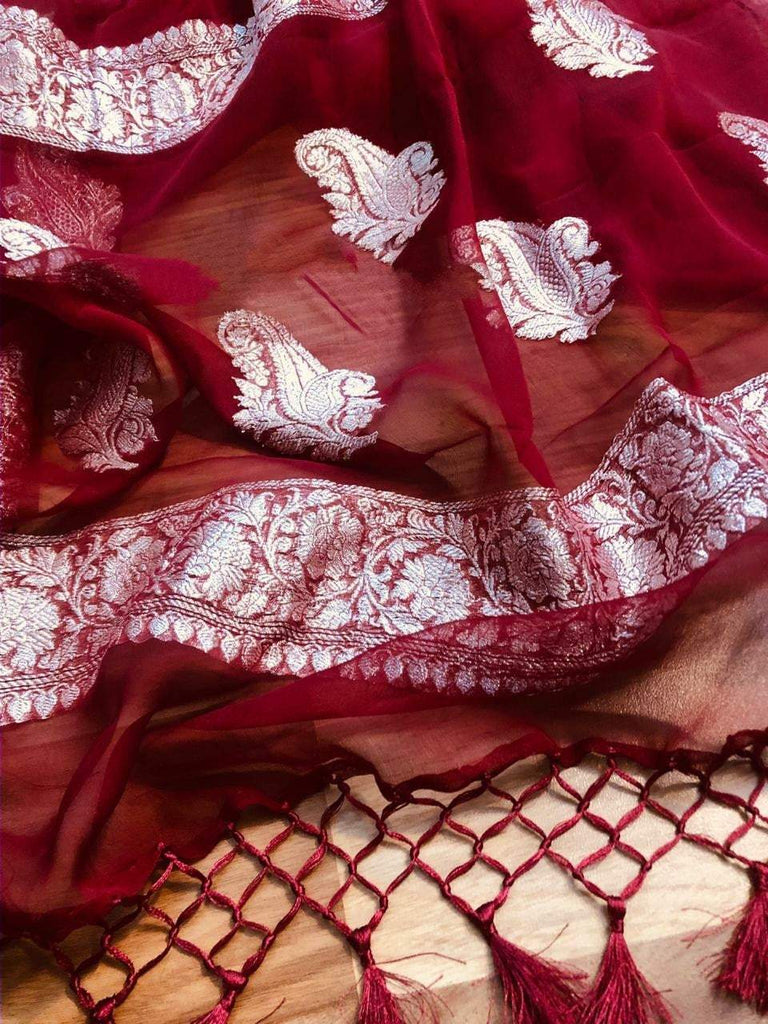Zynah Pure Banarasi Handloom Khaddi Georgette Saree with Zari Border & Butis; Custom Stitched/Ready-made Blouse, Fall, Petticoat; Shipping available USA, Worldwide