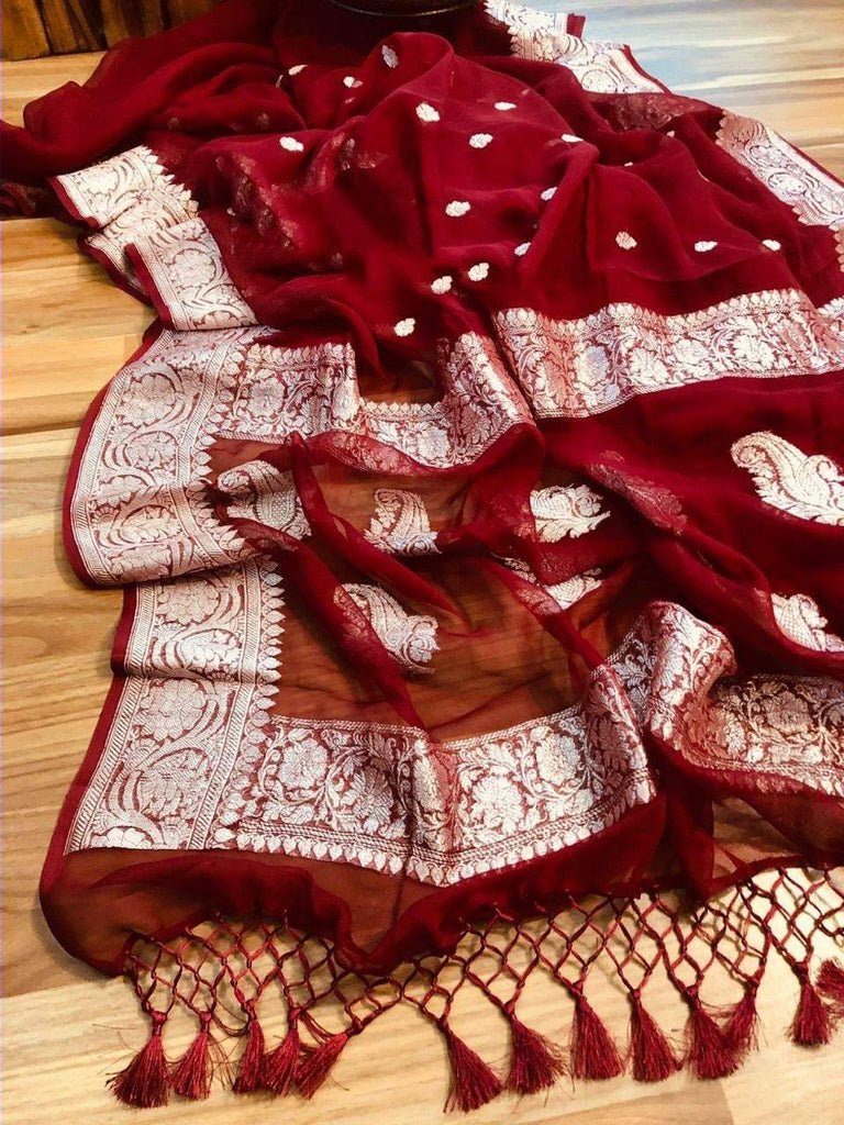 Zynah Pure Banarasi Handloom Khaddi Georgette Saree with Zari Border & Butis; Custom Stitched/Ready-made Blouse, Fall, Petticoat; Shipping available USA, Worldwide