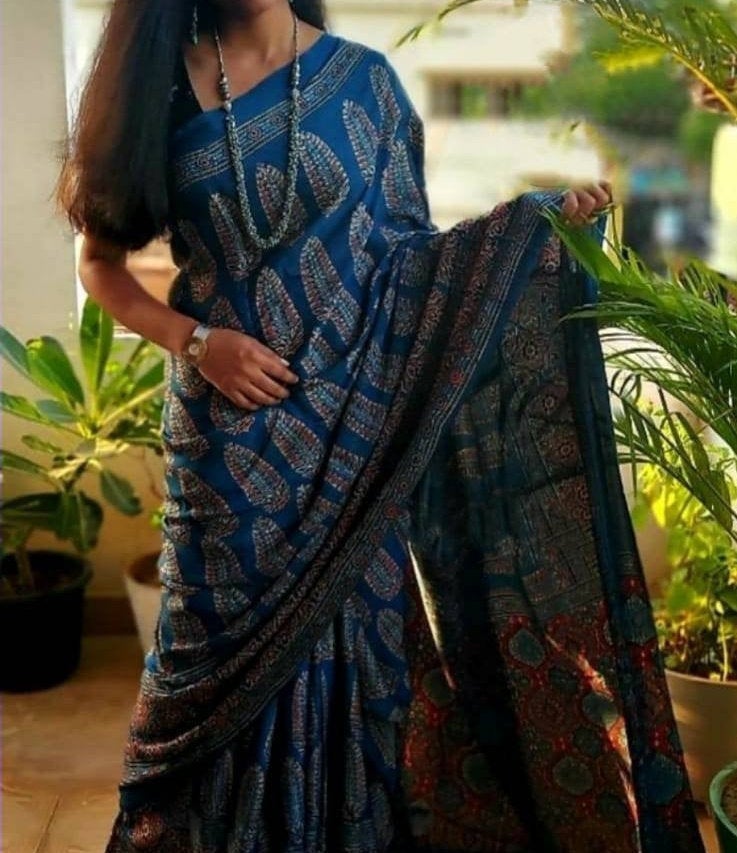 Zynah Pure Modal Silk Ajrakh Saree with Handblock Prints; Custom Stitched/Ready-made Blouse, Fall, Petticoat; Shipping available USA, Worldwide