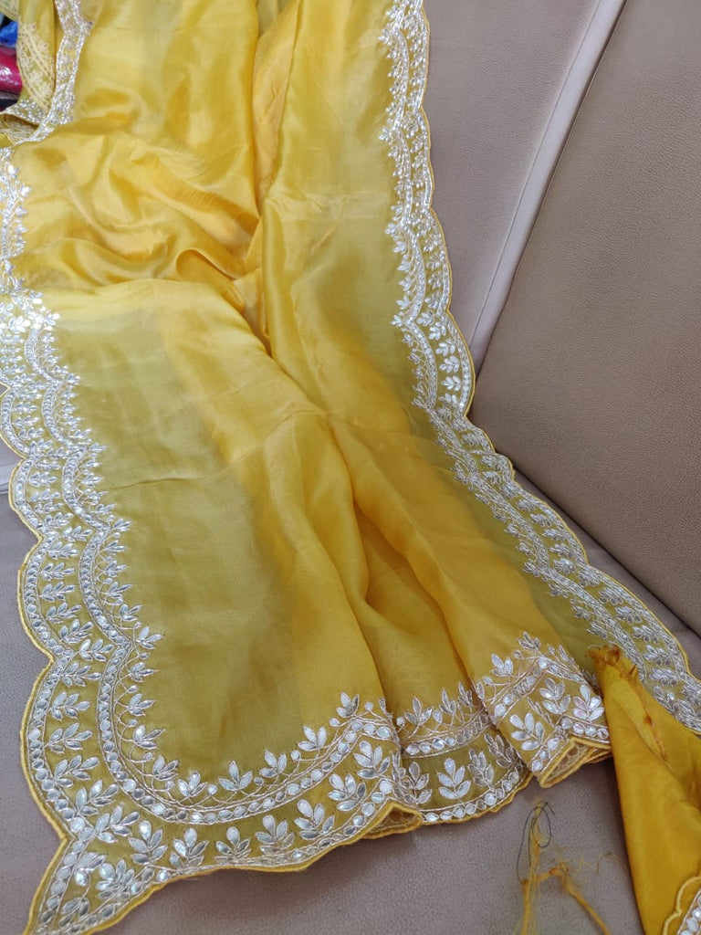 Zynah Organza Silk Saree, Cut Dana, Zardosi, & Gota Patti Handwork; Custom Stitched/Ready-made Blouse, Fall, Petticoat; Shipping available USA, Worldwide