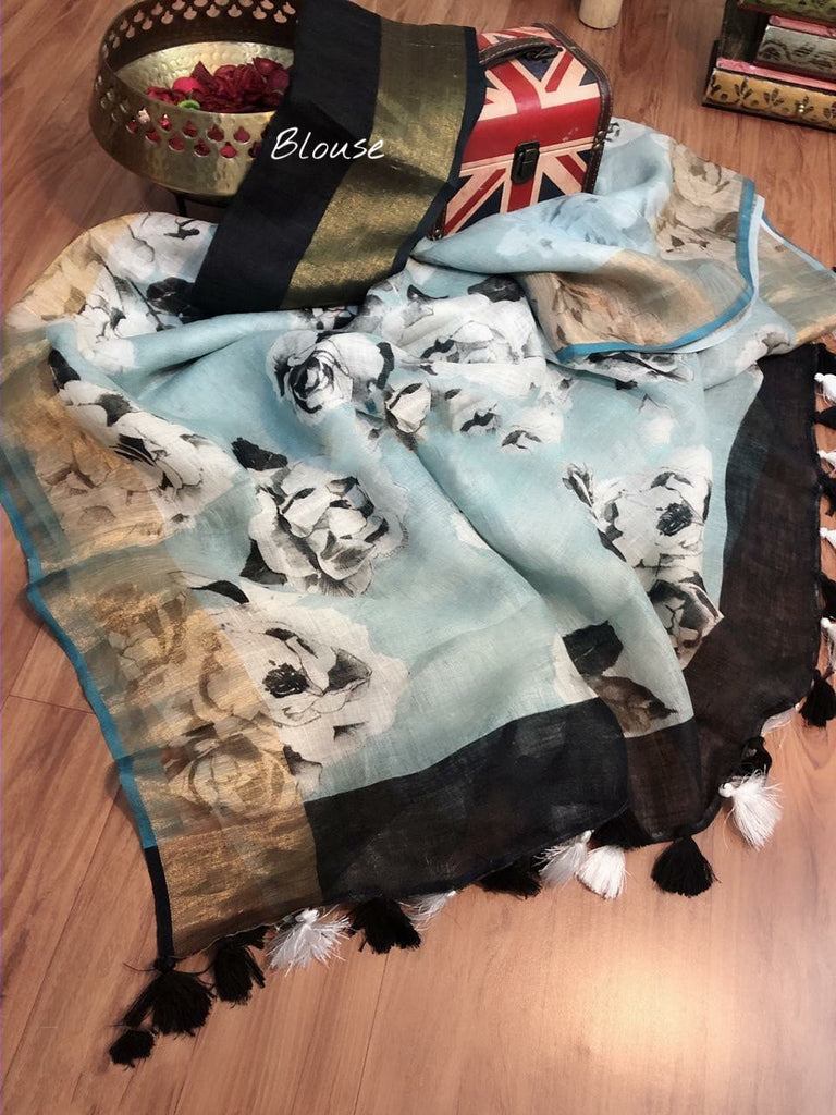 Zynah Digital Printed Organic Lab Tested 120 Count pure 'Linen by Linen' Saree; Custom Stitched/Ready-made Blouse, Fall, Petticoat; Shipping available USA, Worldwide