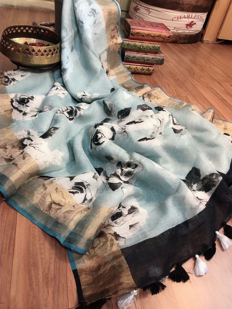 Zynah Digital Printed Organic Lab Tested 120 Count pure 'Linen by Linen' Saree; Custom Stitched/Ready-made Blouse, Fall, Petticoat; Shipping available USA, Worldwide