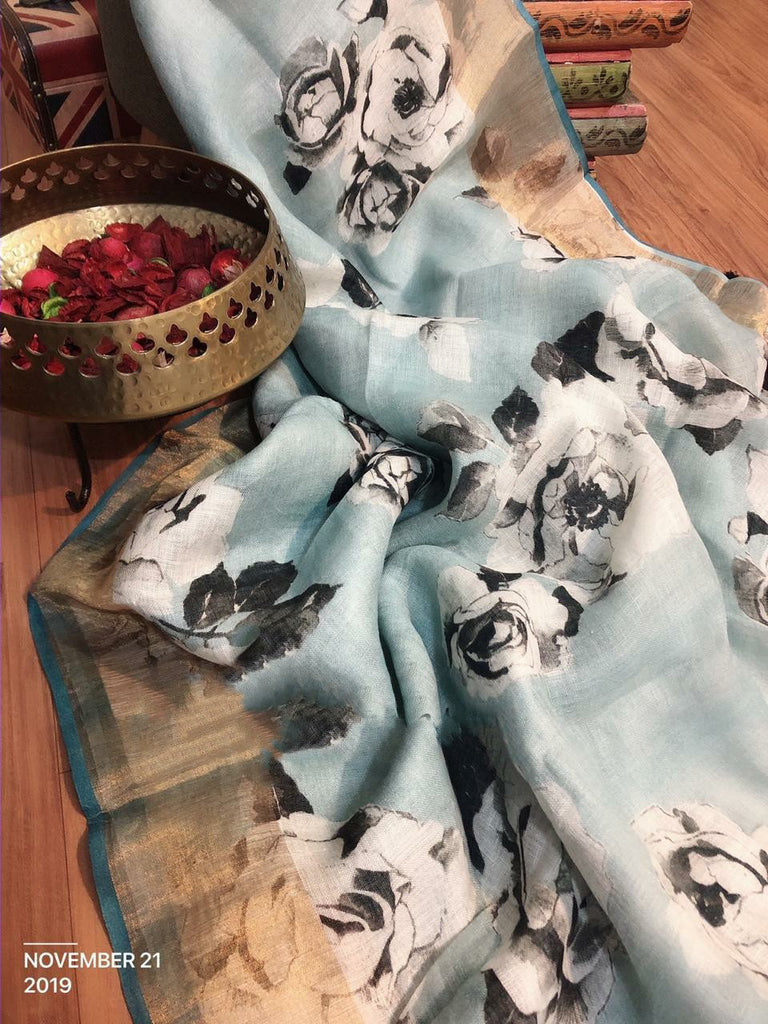 Zynah Digital Printed Organic Lab Tested 120 Count pure 'Linen by Linen' Saree; Custom Stitched/Ready-made Blouse, Fall, Petticoat; Shipping available USA, Worldwide