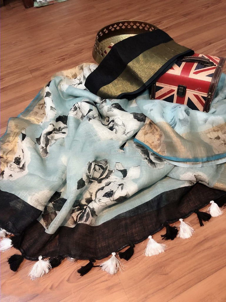 Zynah Digital Printed Organic Lab Tested 120 Count pure 'Linen by Linen' Saree; Custom Stitched/Ready-made Blouse, Fall, Petticoat; Shipping available USA, Worldwide