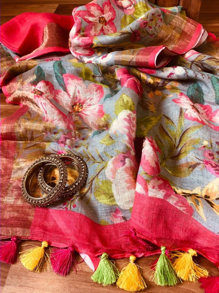 Zynah Digital Printed Organic Lab Tested 120 Count pure 'Linen by Linen' Saree; Custom Stitched/Ready-made Blouse, Fall, Petticoat; Shipping available USA, Worldwide