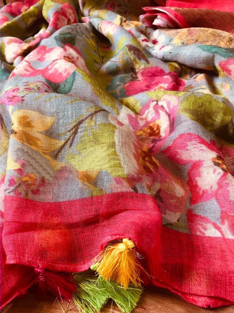 Zynah Digital Printed Organic Lab Tested 120 Count pure 'Linen by Linen' Saree; Custom Stitched/Ready-made Blouse, Fall, Petticoat; Shipping available USA, Worldwide