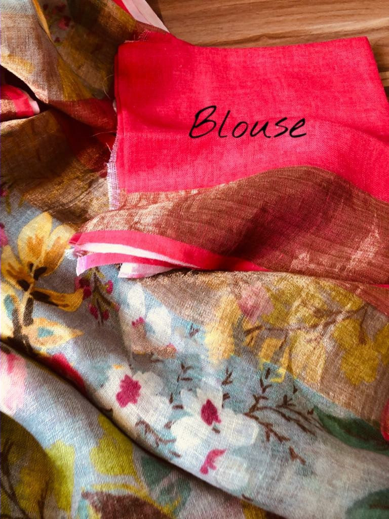 Zynah Digital Printed Organic Lab Tested 120 Count pure 'Linen by Linen' Saree; Custom Stitched/Ready-made Blouse, Fall, Petticoat; Shipping available USA, Worldwide