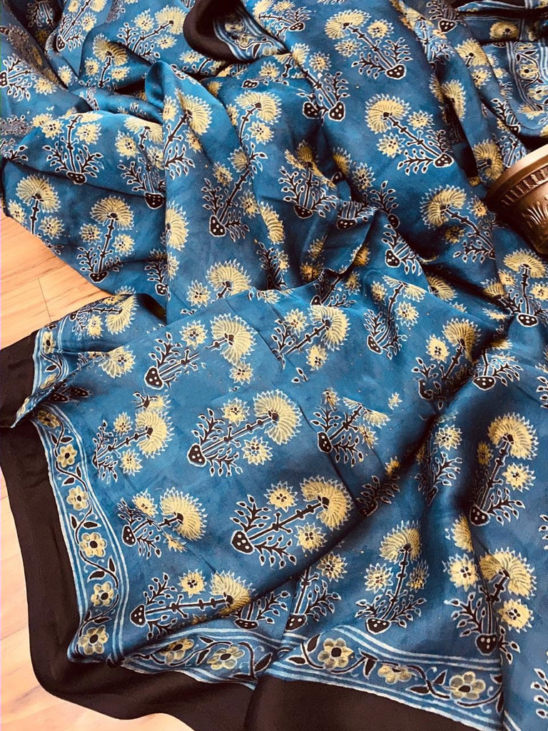 Zynah Pure Modal Silk Ajrakh Saree with Handblock Prints; Custom Stitched/Ready-made Blouse, Fall, Petticoat; Shipping available USA, Worldwide