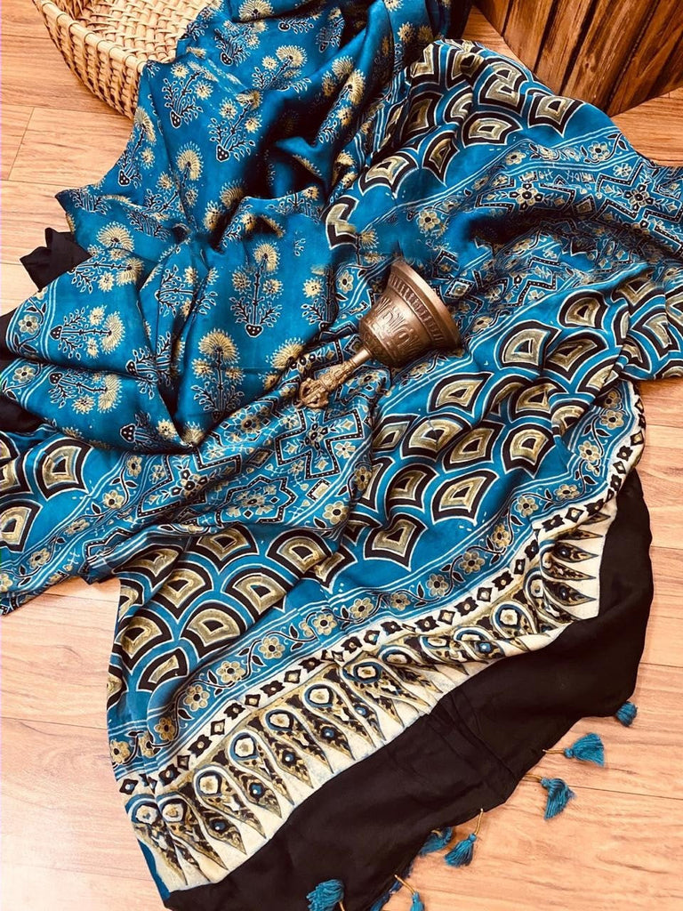 Zynah Pure Modal Silk Ajrakh Saree with Handblock Prints; Custom Stitched/Ready-made Blouse, Fall, Petticoat; Shipping available USA, Worldwide