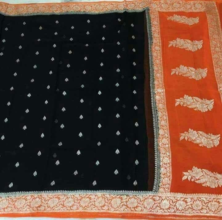 Zynah Pure Banarasi Handloom Khaddi Georgette Saree with Zari Border & Butis; Custom Stitched/Ready-made Blouse, Fall, Petticoat; Shipping available USA, Worldwide
