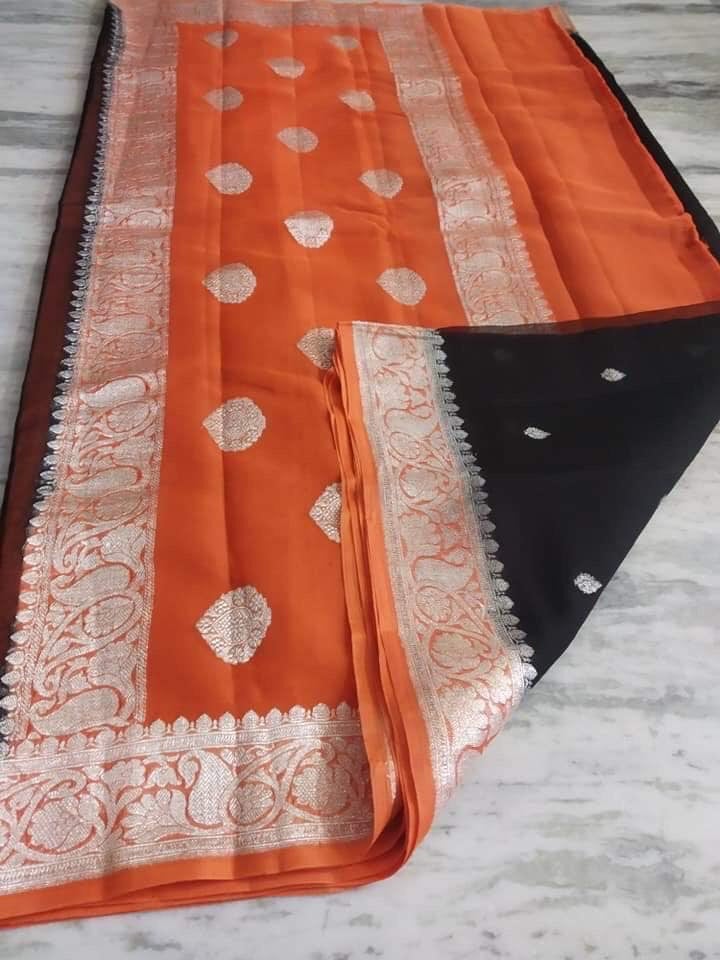 Zynah Pure Banarasi Handloom Khaddi Georgette Saree with Zari Border & Butis; Custom Stitched/Ready-made Blouse, Fall, Petticoat; Shipping available USA, Worldwide