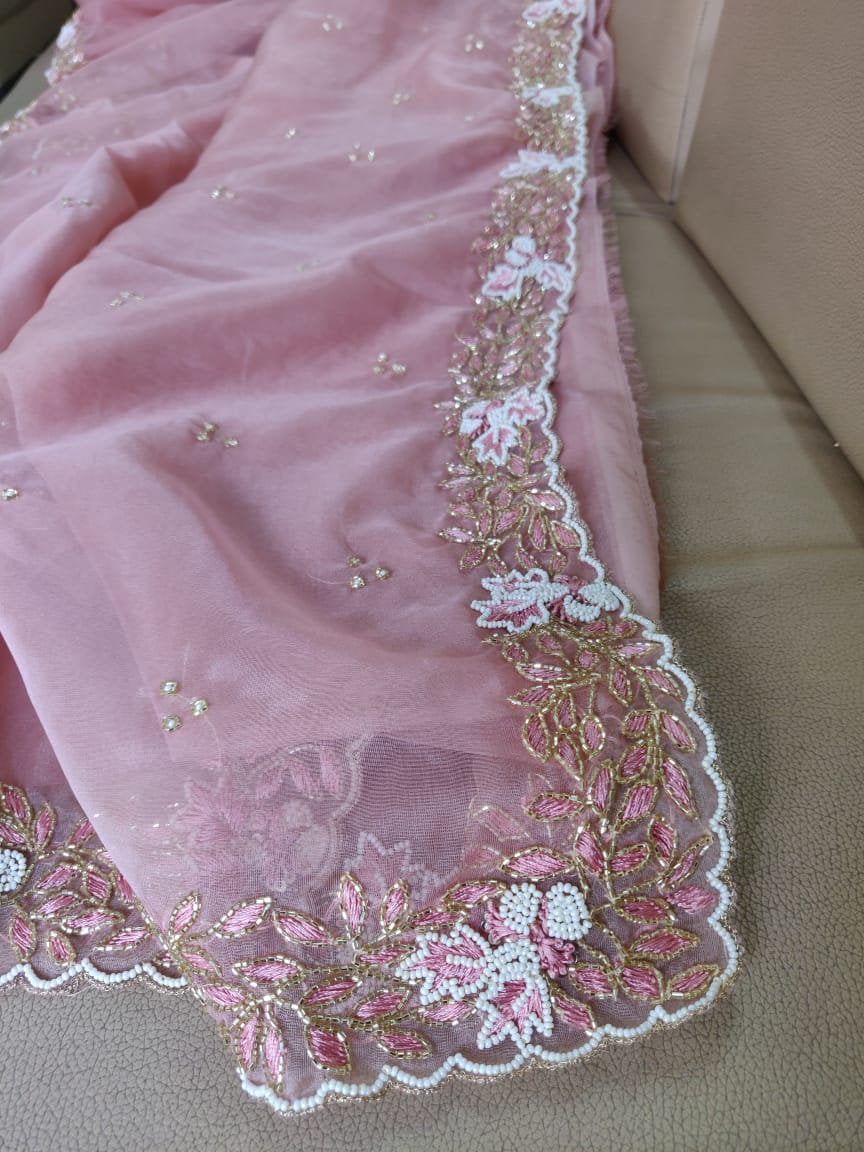 Zynah Organza Silk Saree, Cutdana Work, Pearl Beads Work; Custom Stitched/Ready-made Blouse, Fall, Petticoat; Shipping available USA, Worldwide