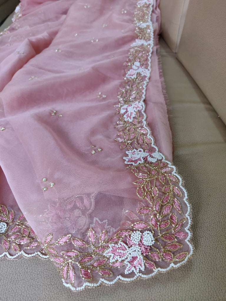 Zynah Organza Silk Saree, Cutdana Work, Pearl Beads Work; Custom Stitched/Ready-made Blouse, Fall, Petticoat; Shipping available USA, Worldwide