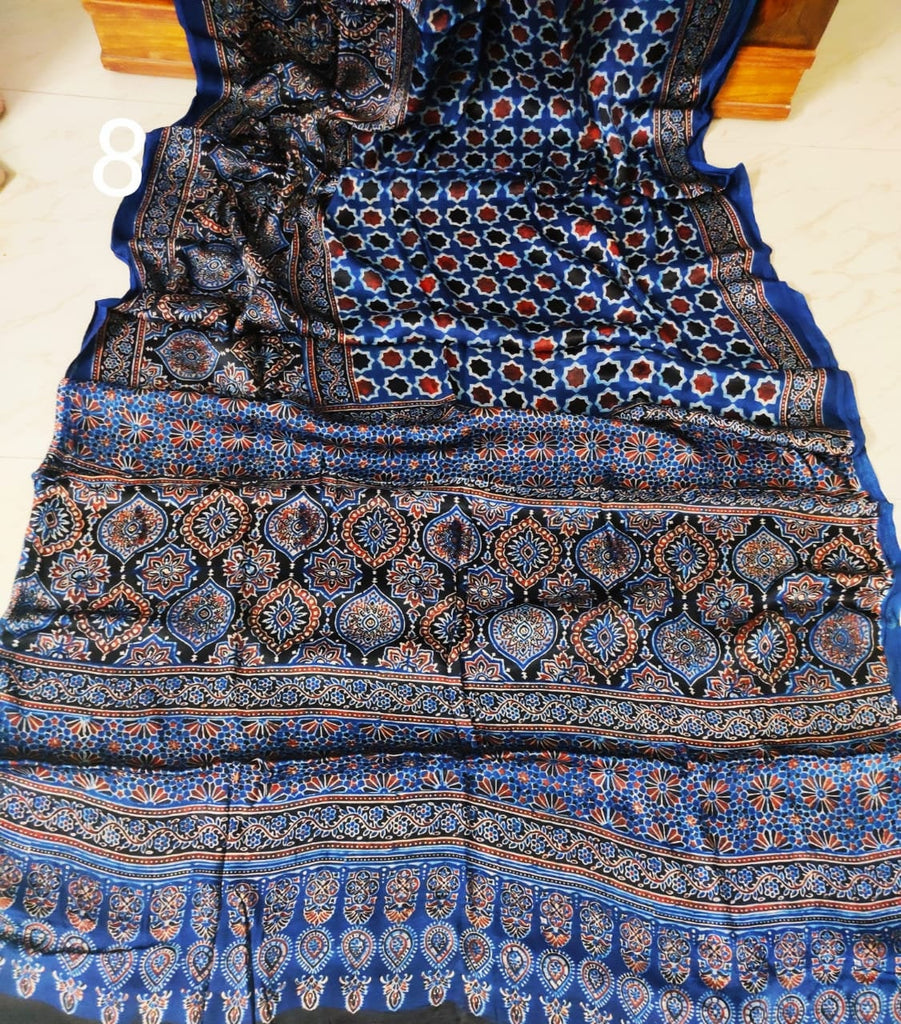 Zynah Pure Modal Silk Ajrakh Saree with Handblock Prints; Custom Stitched/Ready-made Blouse, Fall, Petticoat; Shipping available USA, Worldwide
