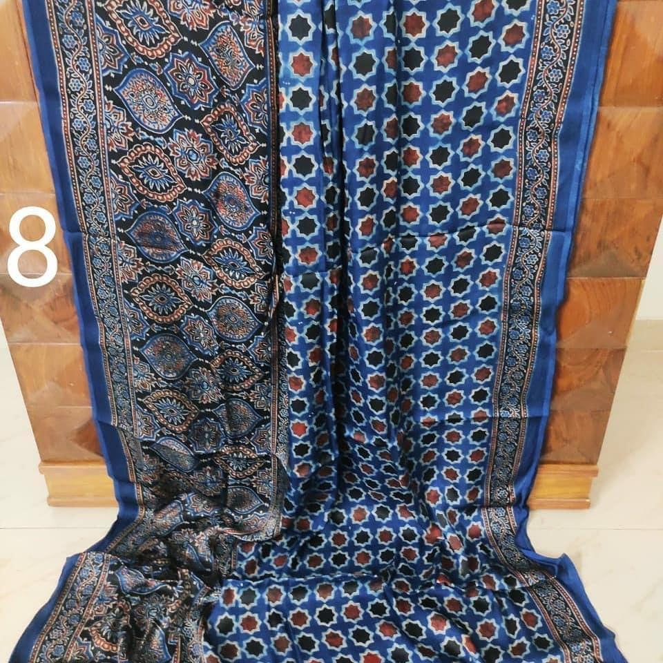 Zynah Pure Modal Silk Ajrakh Saree with Handblock Prints; Custom Stitched/Ready-made Blouse, Fall, Petticoat; Shipping available USA, Worldwide
