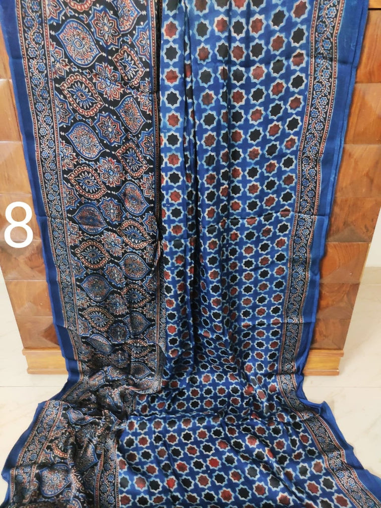 Zynah Pure Modal Silk Ajrakh Saree with Handblock Prints; Custom Stitched/Ready-made Blouse, Fall, Petticoat; Shipping available USA, Worldwide