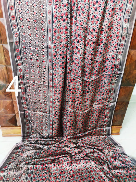 Zynah Pure Modal Silk Ajrakh Saree with Handblock Prints; Custom Stitched/Ready-made Blouse, Fall, Petticoat; Shipping available USA, Worldwide
