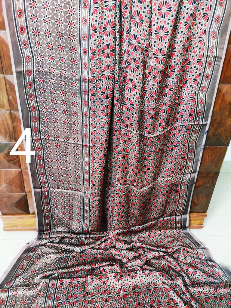 Zynah Pure Modal Silk Ajrakh Saree with Handblock Prints; Custom Stitched/Ready-made Blouse, Fall, Petticoat; Shipping available USA, Worldwide