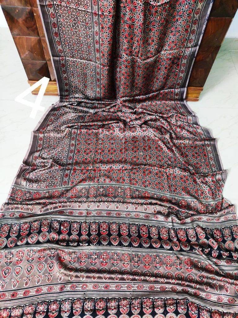 Zynah Pure Modal Silk Ajrakh Saree with Handblock Prints; Custom Stitched/Ready-made Blouse, Fall, Petticoat; Shipping available USA, Worldwide