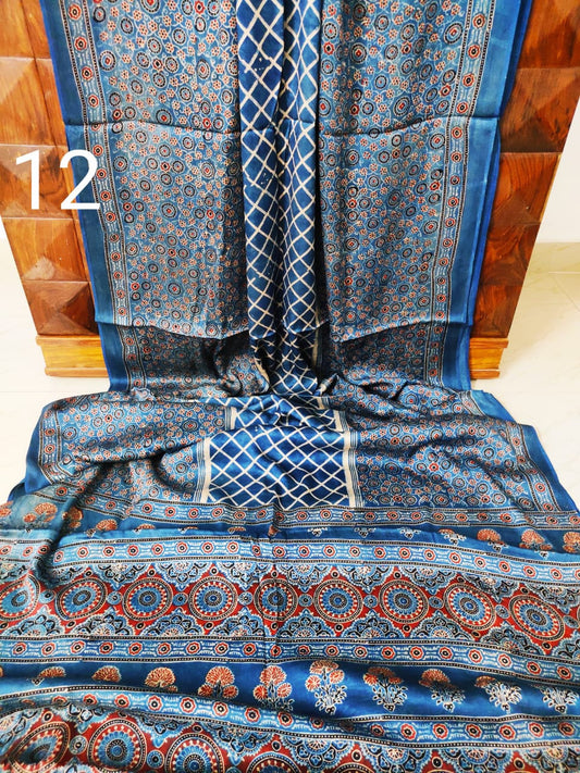 Zynah Pure Modal Silk Ajrakh Saree with Handblock Prints; Custom Stitched/Ready-made Blouse, Fall, Petticoat; Shipping available USA, Worldwide