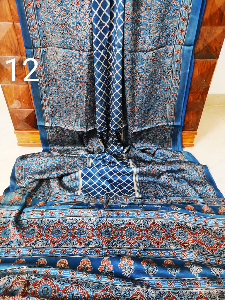 Zynah Pure Modal Silk Ajrakh Saree with Handblock Prints; Custom Stitched/Ready-made Blouse, Fall, Petticoat; Shipping available USA, Worldwide