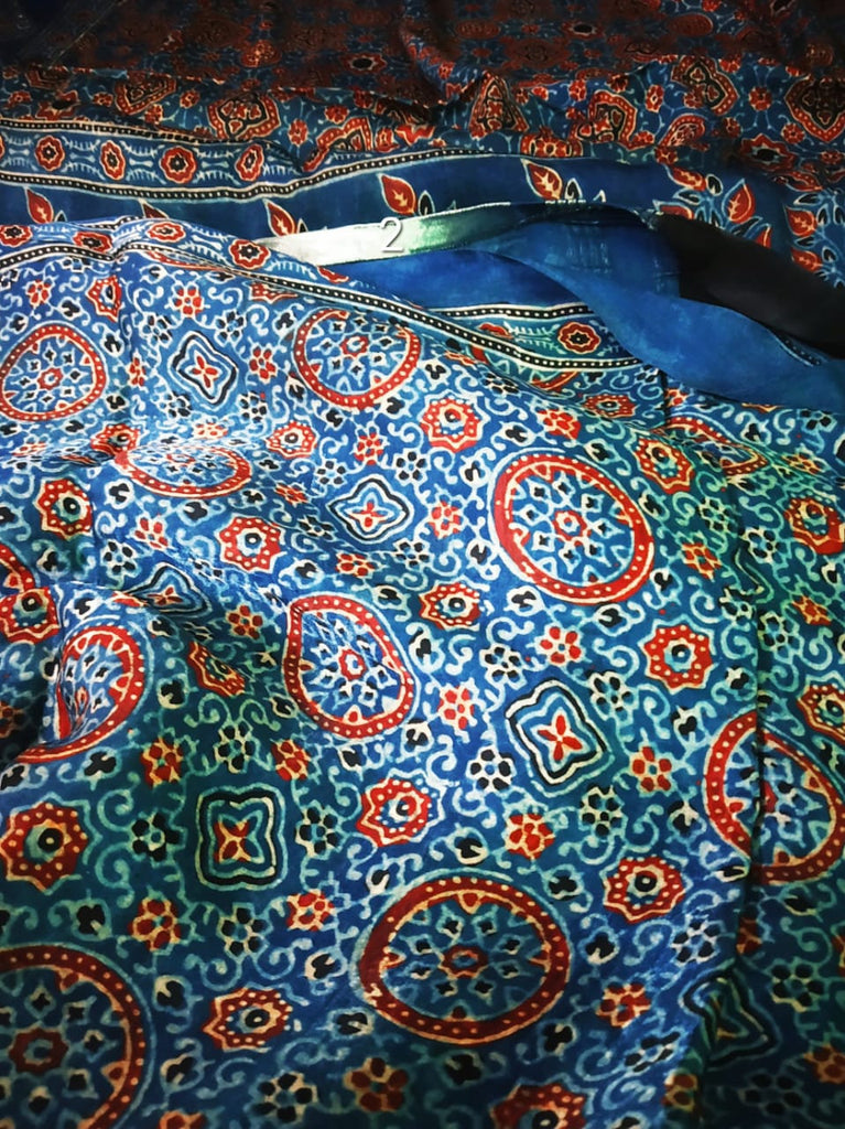 Zynah Pure Modal Silk Ajrakh Saree with Handblock Prints; Custom Stitched/Ready-made Blouse, Fall, Petticoat; Shipping available USA, Worldwide