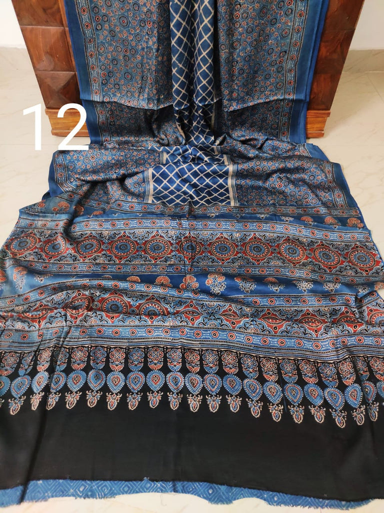 Zynah Pure Modal Silk Ajrakh Saree with Handblock Prints; Custom Stitched/Ready-made Blouse, Fall, Petticoat; Shipping available USA, Worldwide