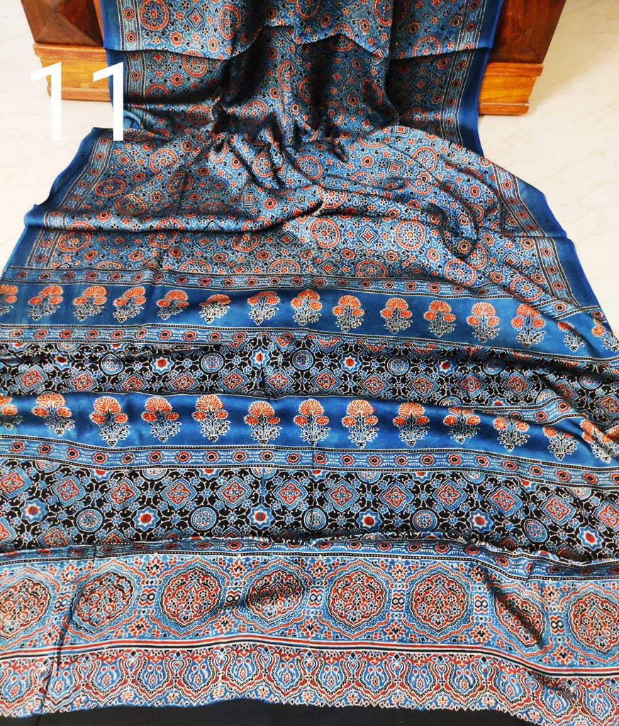 Zynah Pure Modal Silk Ajrakh Saree with Handblock Prints; Custom Stitched/Ready-made Blouse, Fall, Petticoat; Shipping available USA, Worldwide