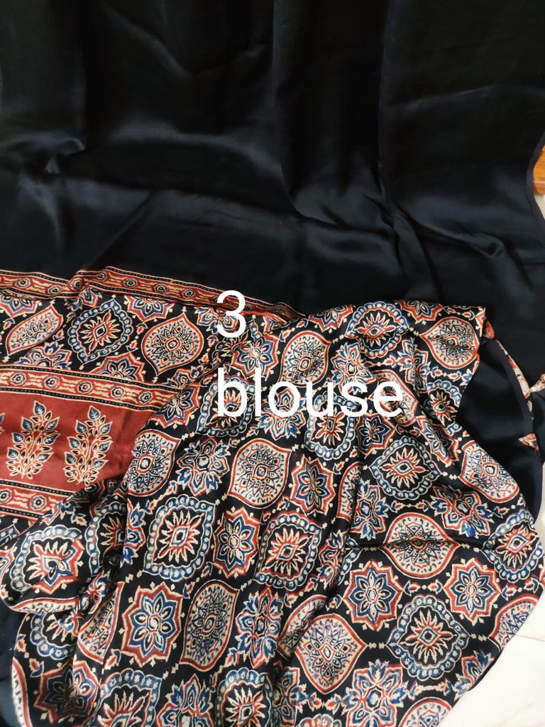 Zynah Pure Modal Silk Ajrakh Saree with Handblock Prints; Custom Stitched/Ready-made Blouse, Fall, Petticoat; Shipping available USA, Worldwide