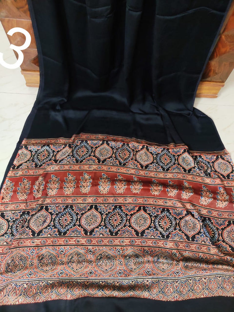 Zynah Pure Modal Silk Ajrakh Saree with Handblock Prints; Custom Stitched/Ready-made Blouse, Fall, Petticoat; Shipping available USA, Worldwide
