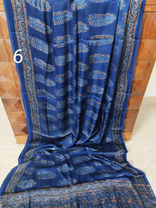 Zynah Pure Modal Silk Ajrakh Saree with Handblock Prints; Custom Stitched/Ready-made Blouse, Fall, Petticoat; Shipping available USA, Worldwide