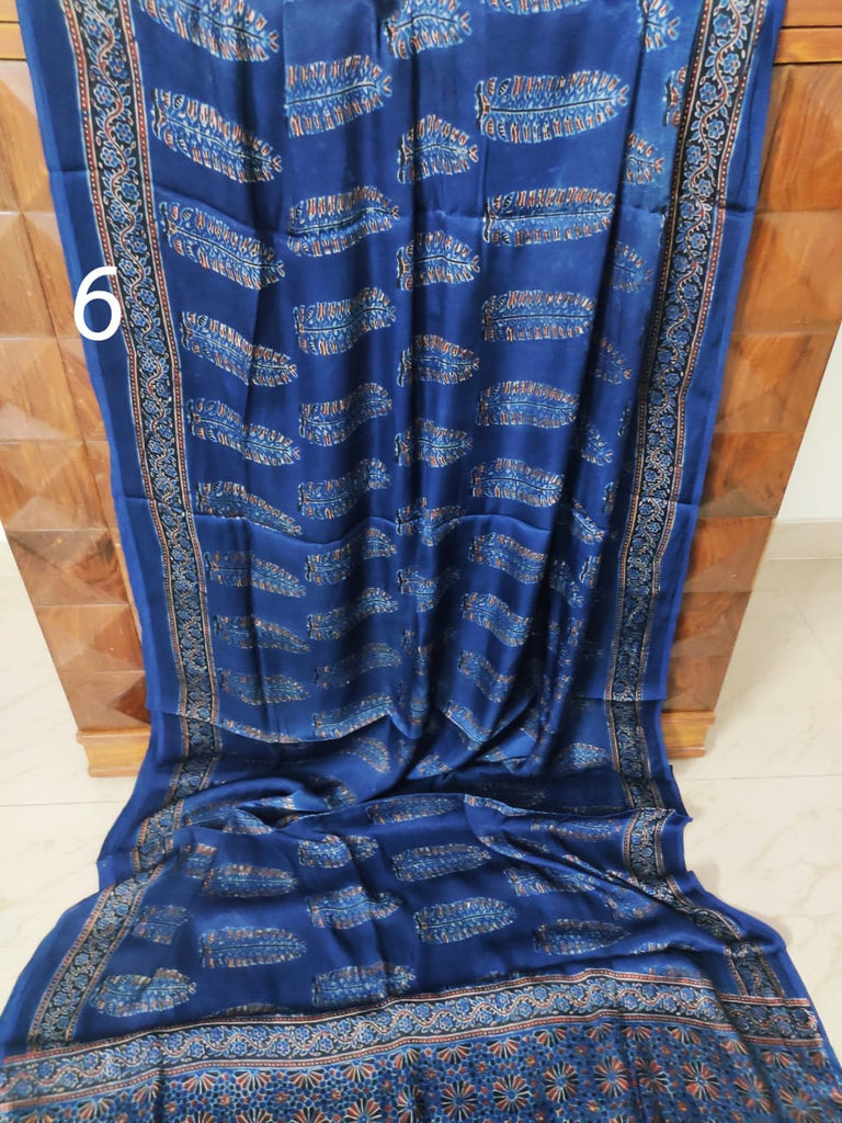 Zynah Pure Modal Silk Ajrakh Saree with Handblock Prints; Custom Stitched/Ready-made Blouse, Fall, Petticoat; Shipping available USA, Worldwide